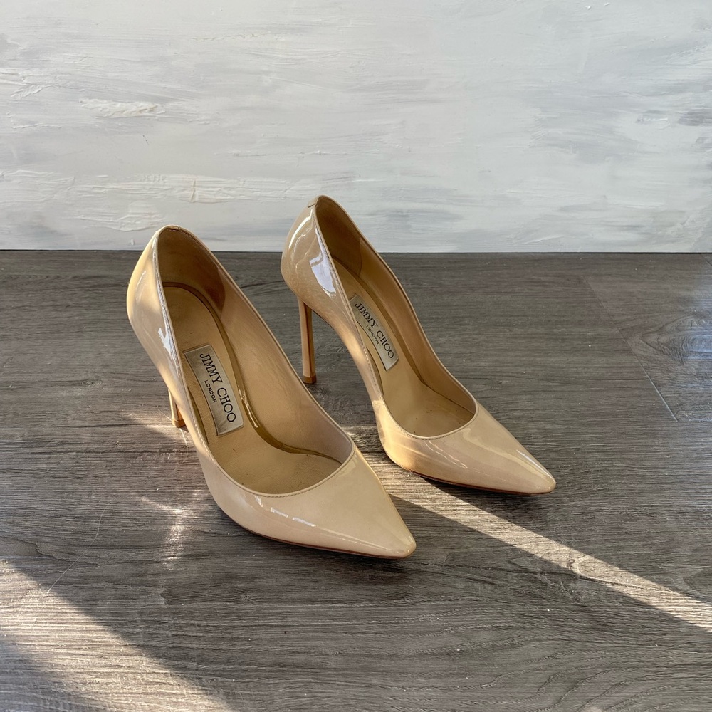 Jimmy Choo Romy Beige Patent Leather Pumps